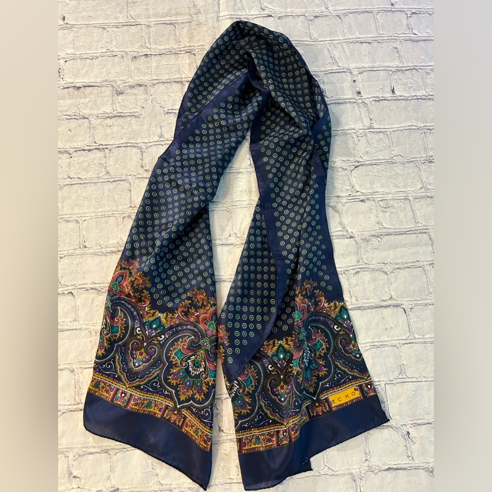 ECHO NAVY PAISLEY MULTI COLORED DOTS SILK OBLONG WOMENS SCARF O/S - Picture 6 of 7